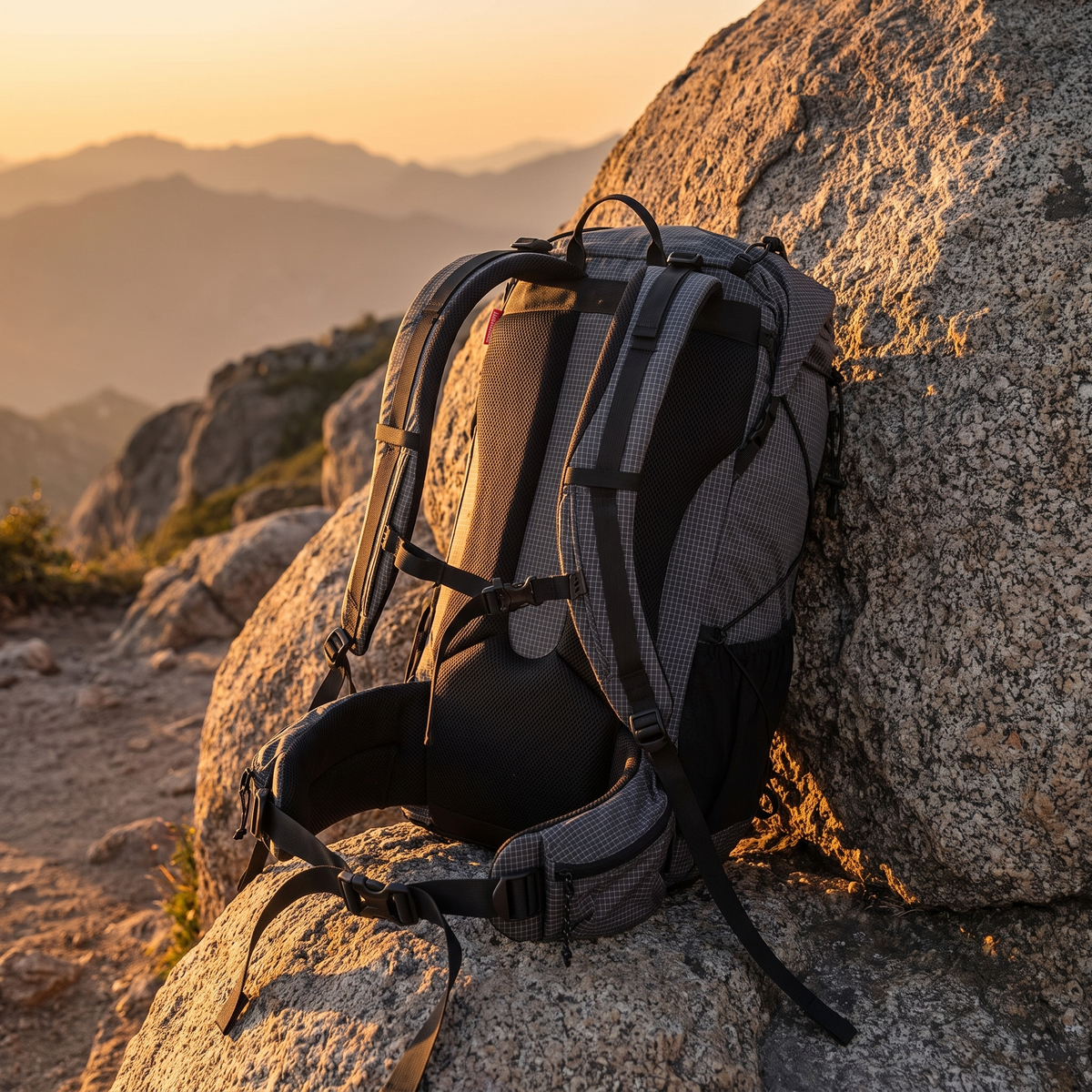 Hiking backpack from behind showing straps and back panel
