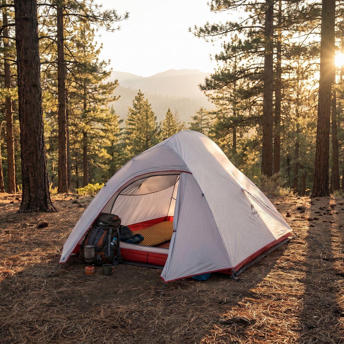 Backpacking tent vestibule with gear inside