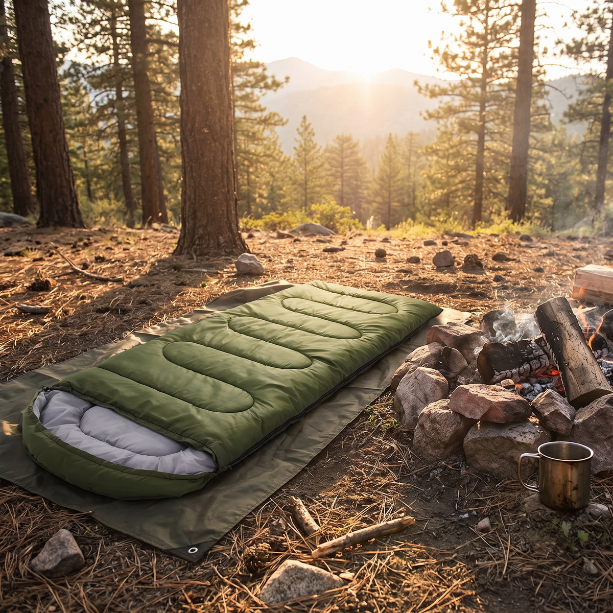 Sleeping bag laid out beside a campfire