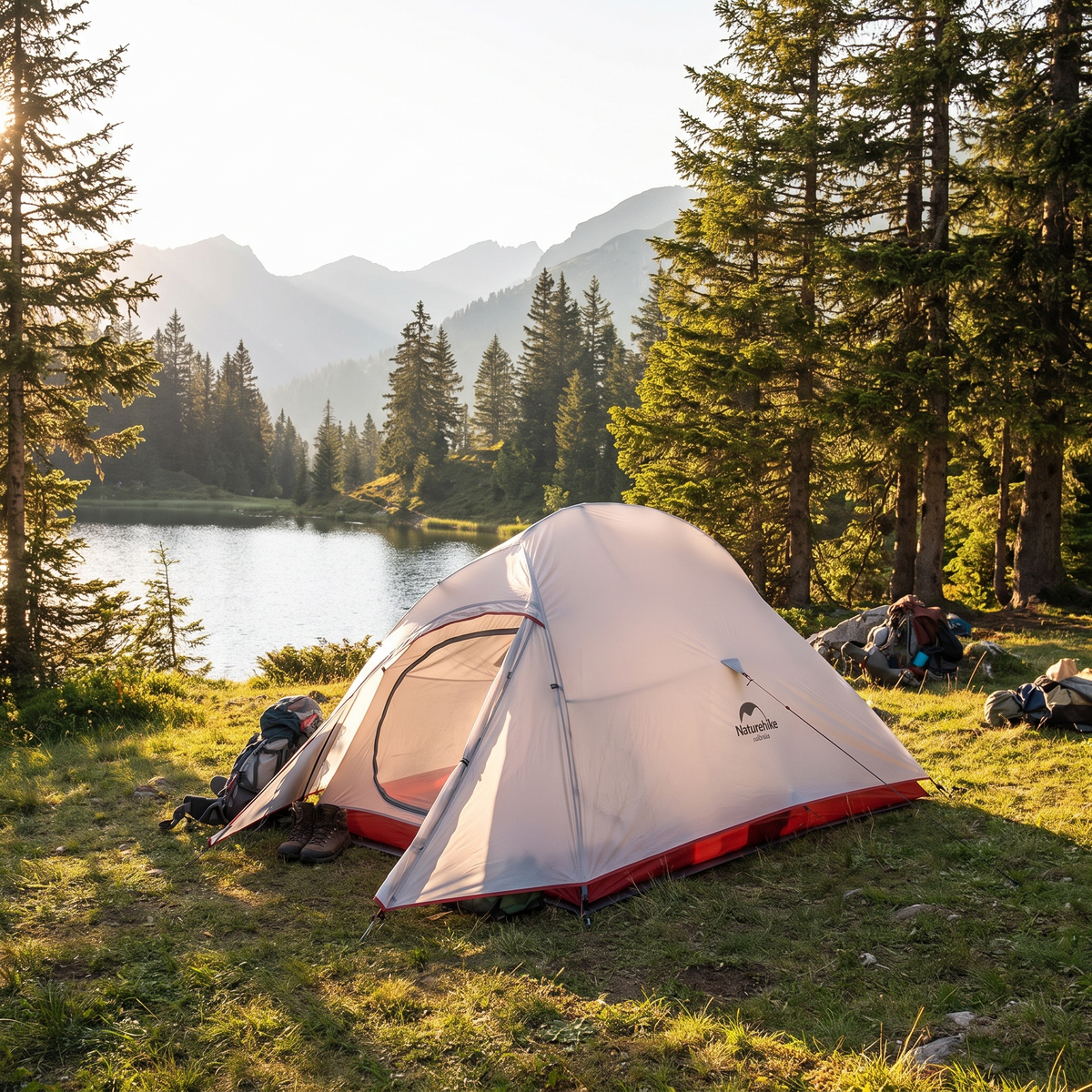 Backpacking tent pitched beside an alpine lake
