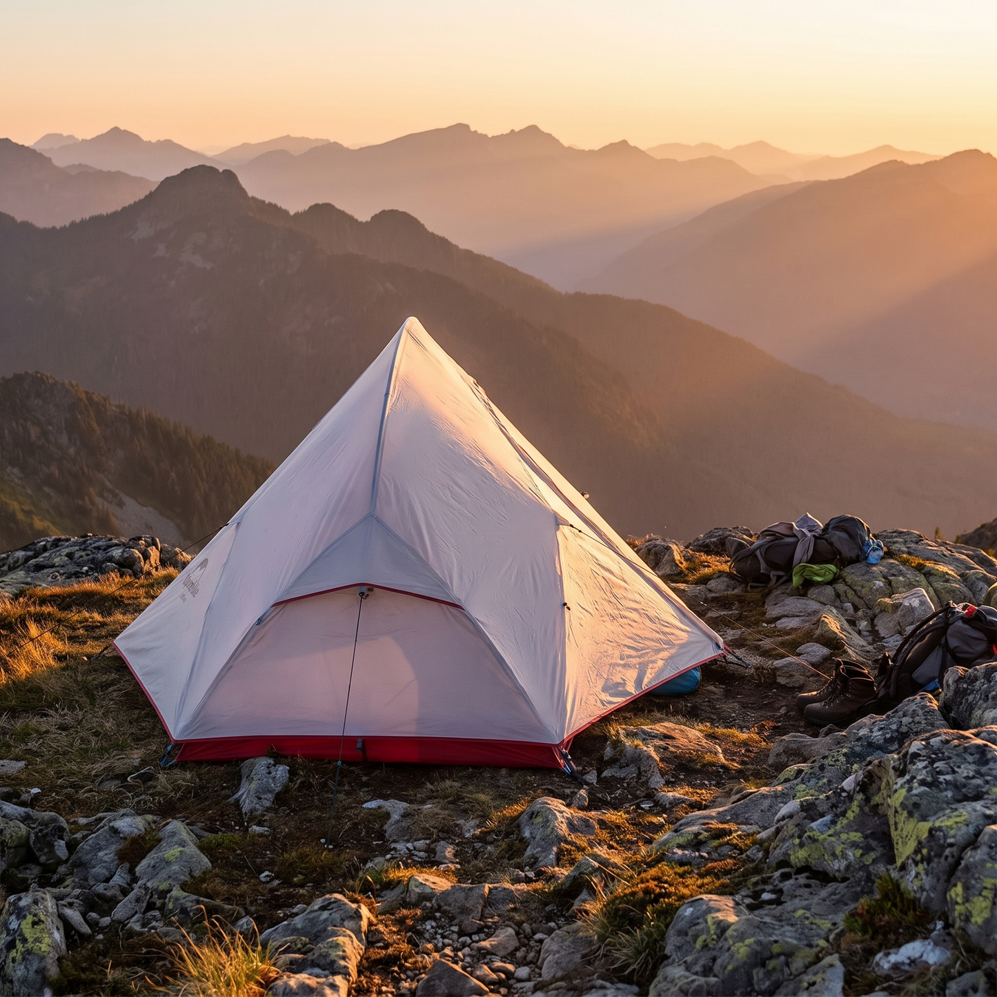 Backpacking tent on a rocky ledge with mountains behind