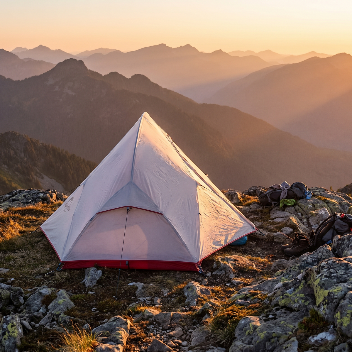 Backpacking tent on a rocky ledge with mountains behind