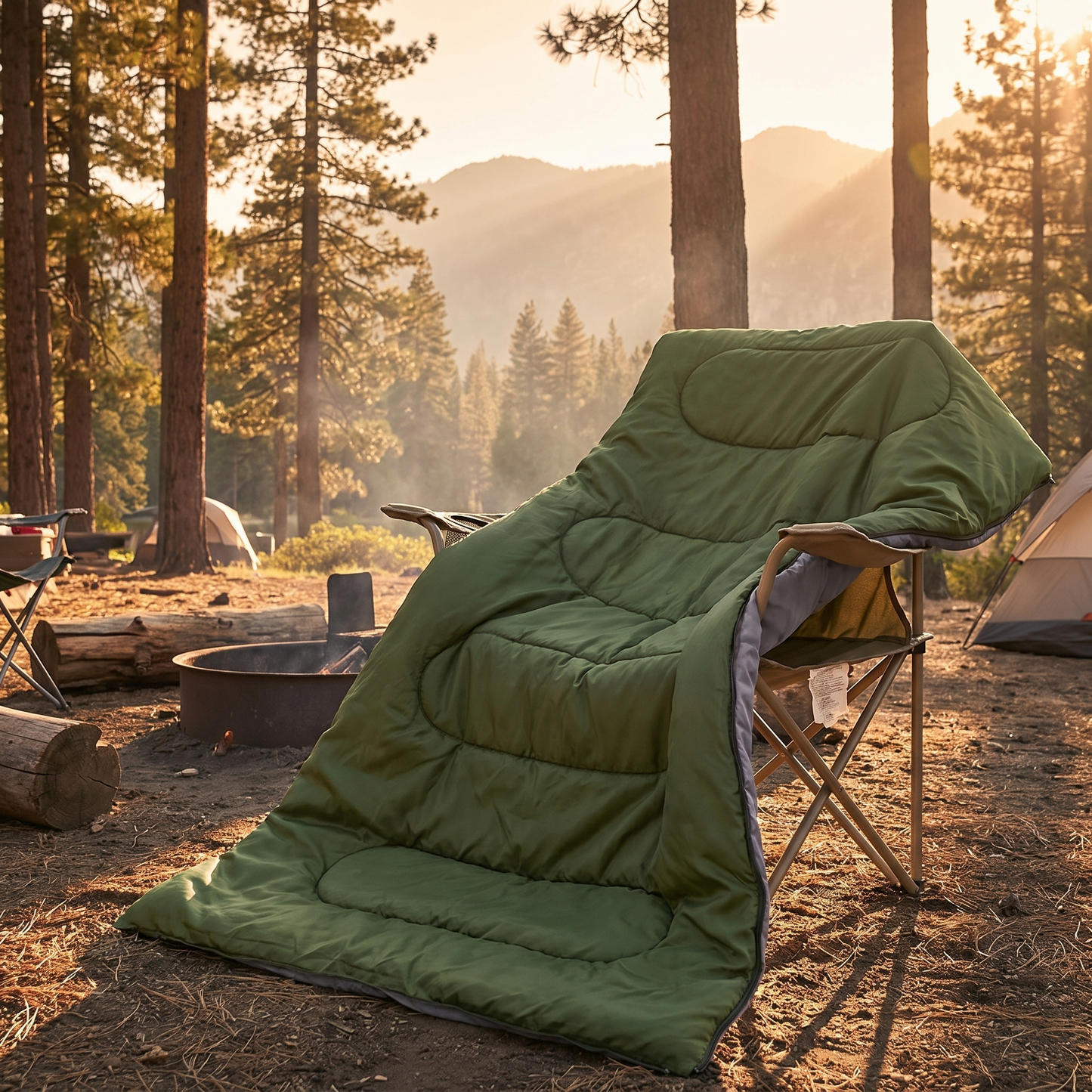Sleeping bag opened flat as a blanket over a camp chair