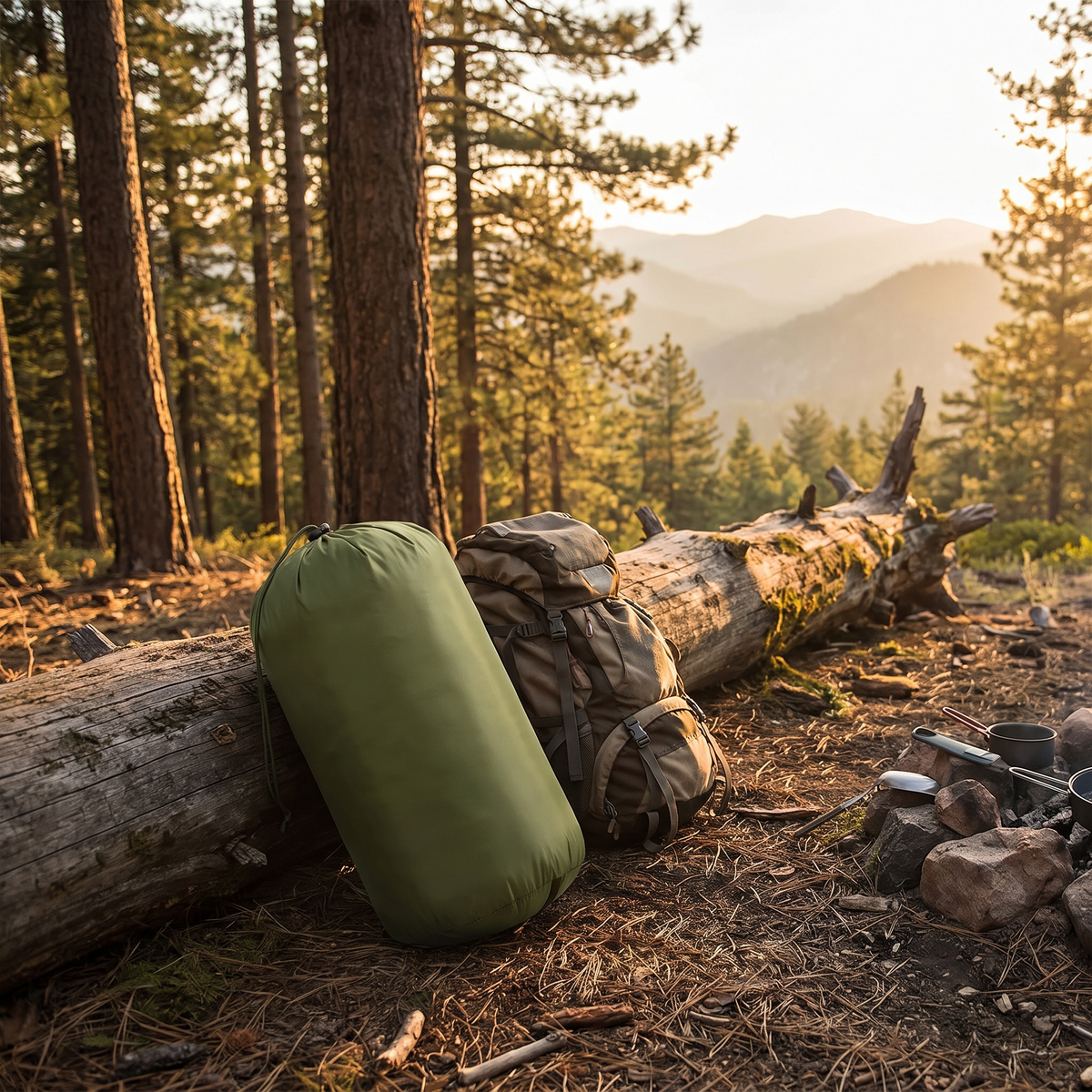 Sleeping bag packed in its stuff sack at camp