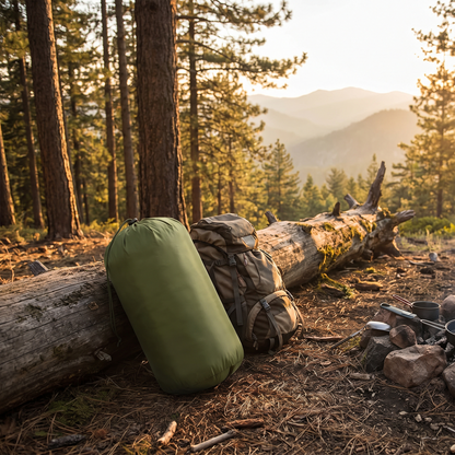 Sleeping bag packed in its stuff sack at camp