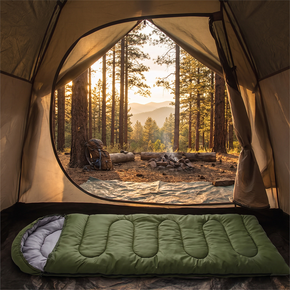 Sleeping bag unrolled inside a tent at golden hour