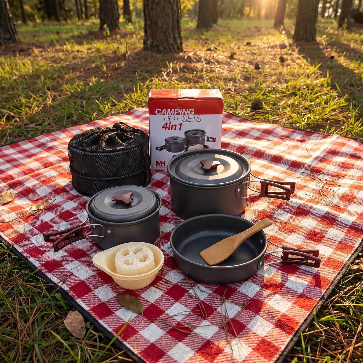 Cookware set laid out piece by piece on a picnic blanket
