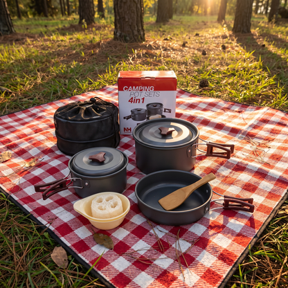 Cookware set laid out piece by piece on a picnic blanket