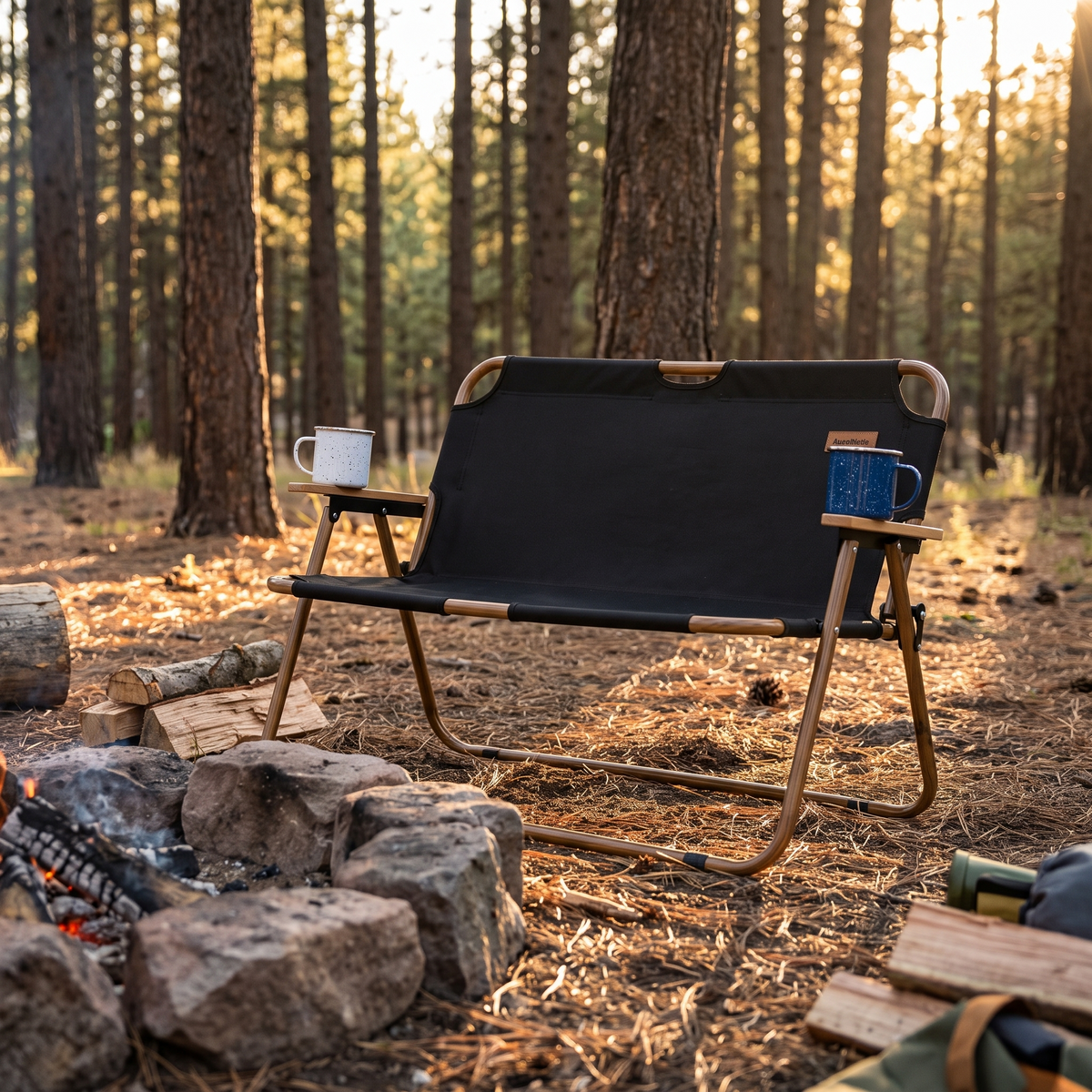 Double camping chair beside a campfire with mugs on the armrests
