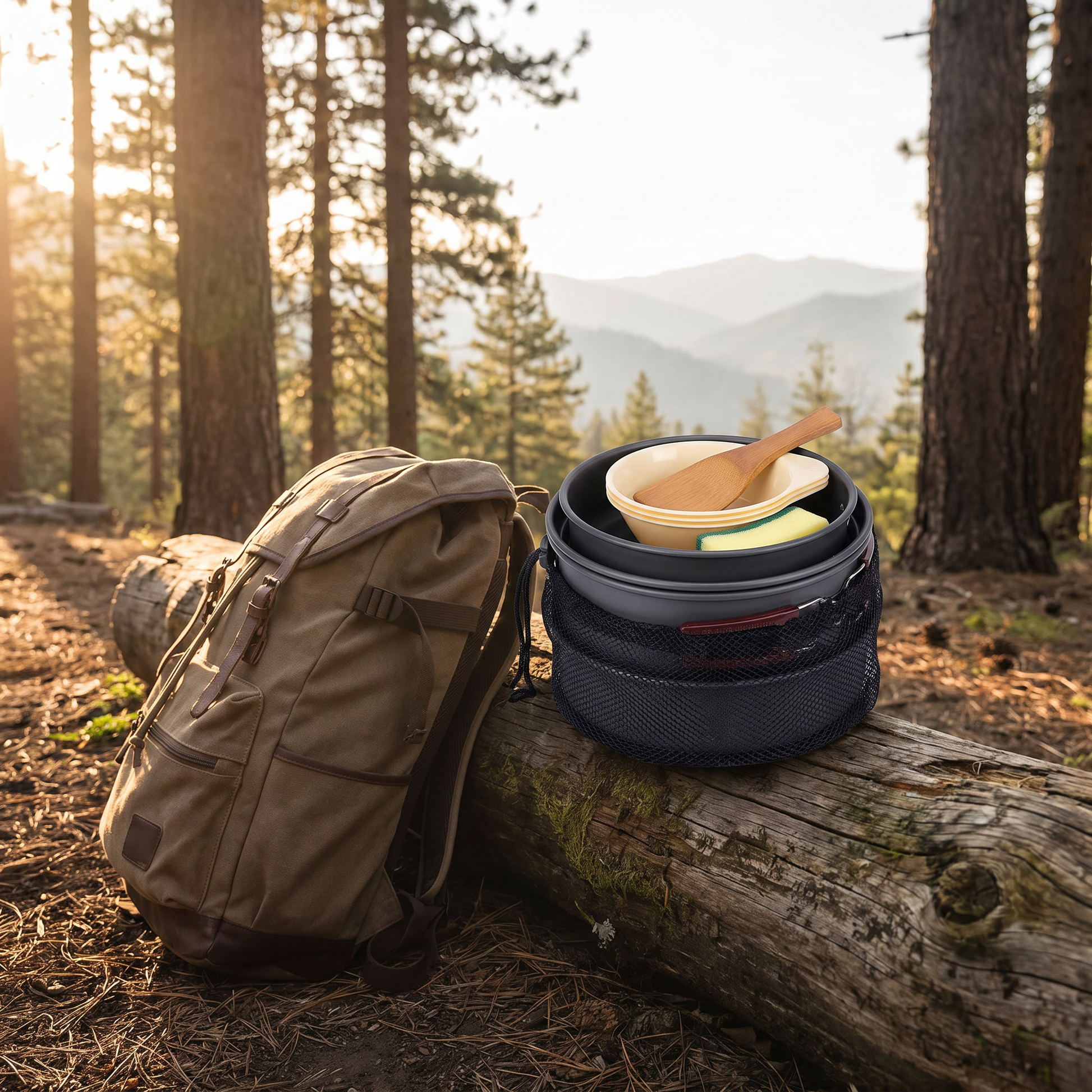 Cookware set nested into one compact package on a log