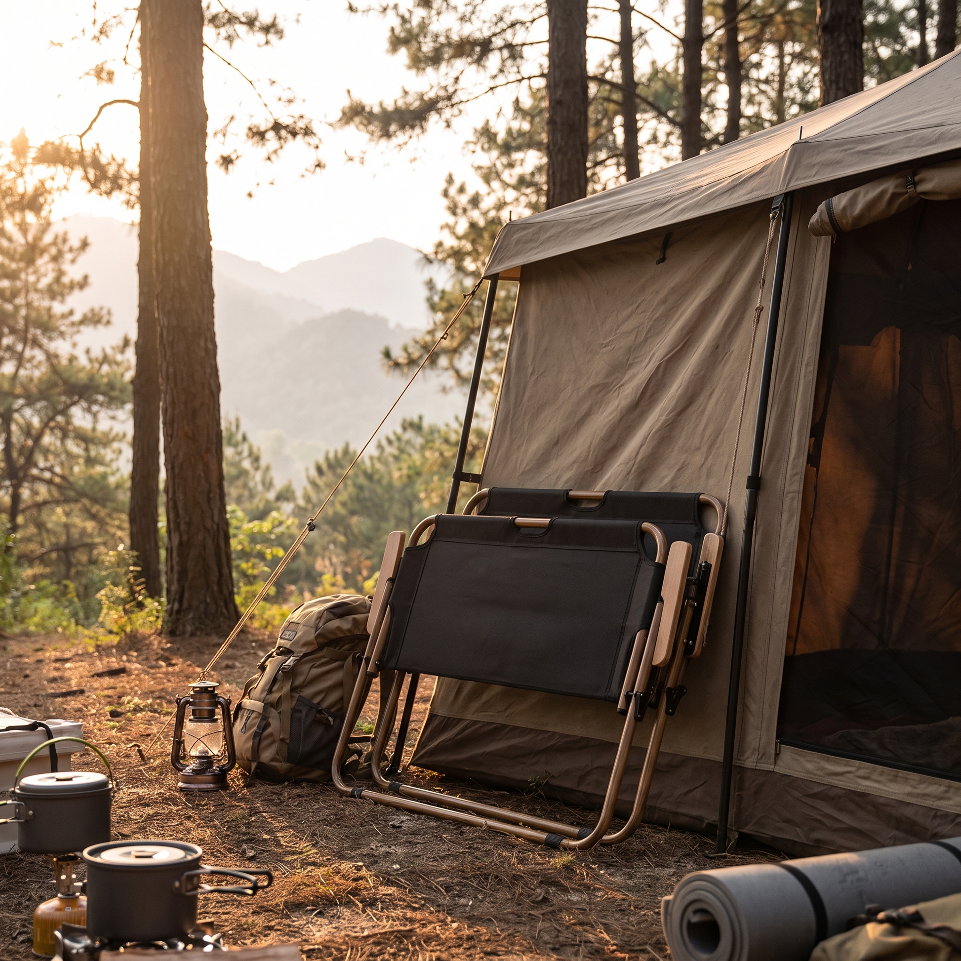 Double camping chair folded flat against a tent