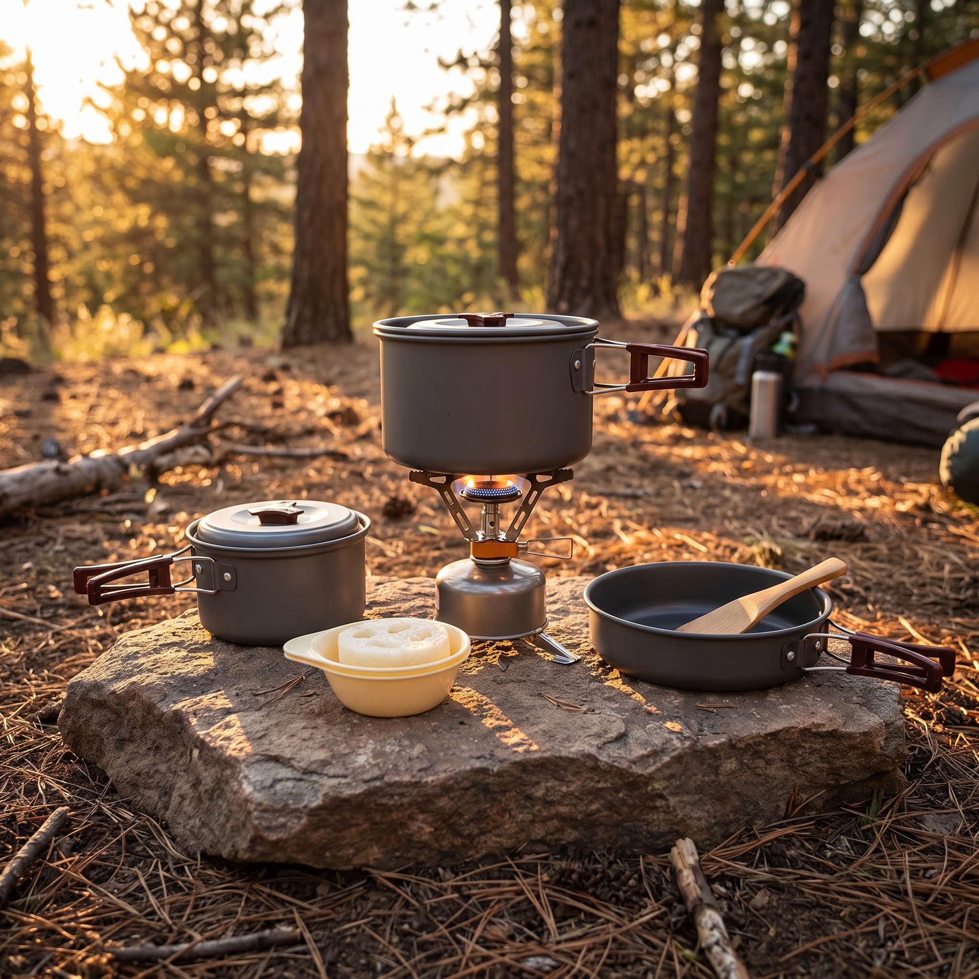 Camping pot over a camp stove on a flat rock