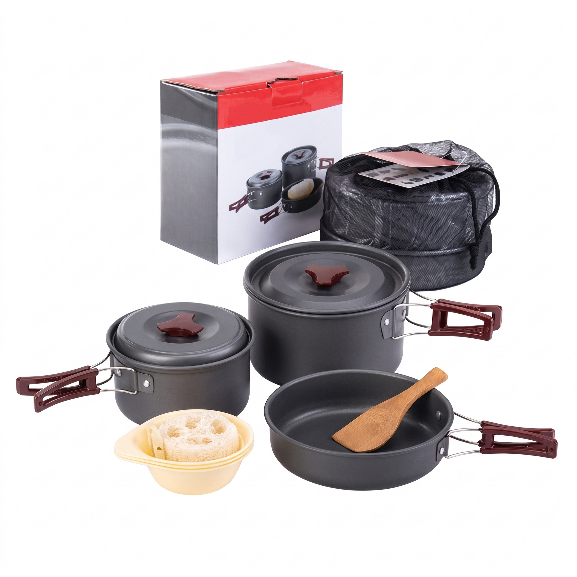 Messpack camping cookware set on white background