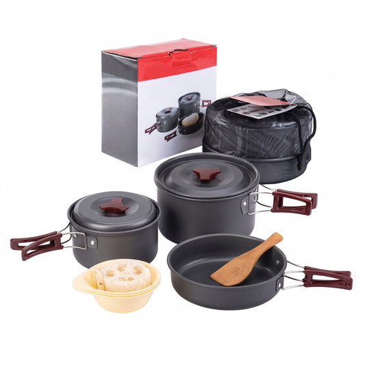 Messpack camping cookware set on white background
