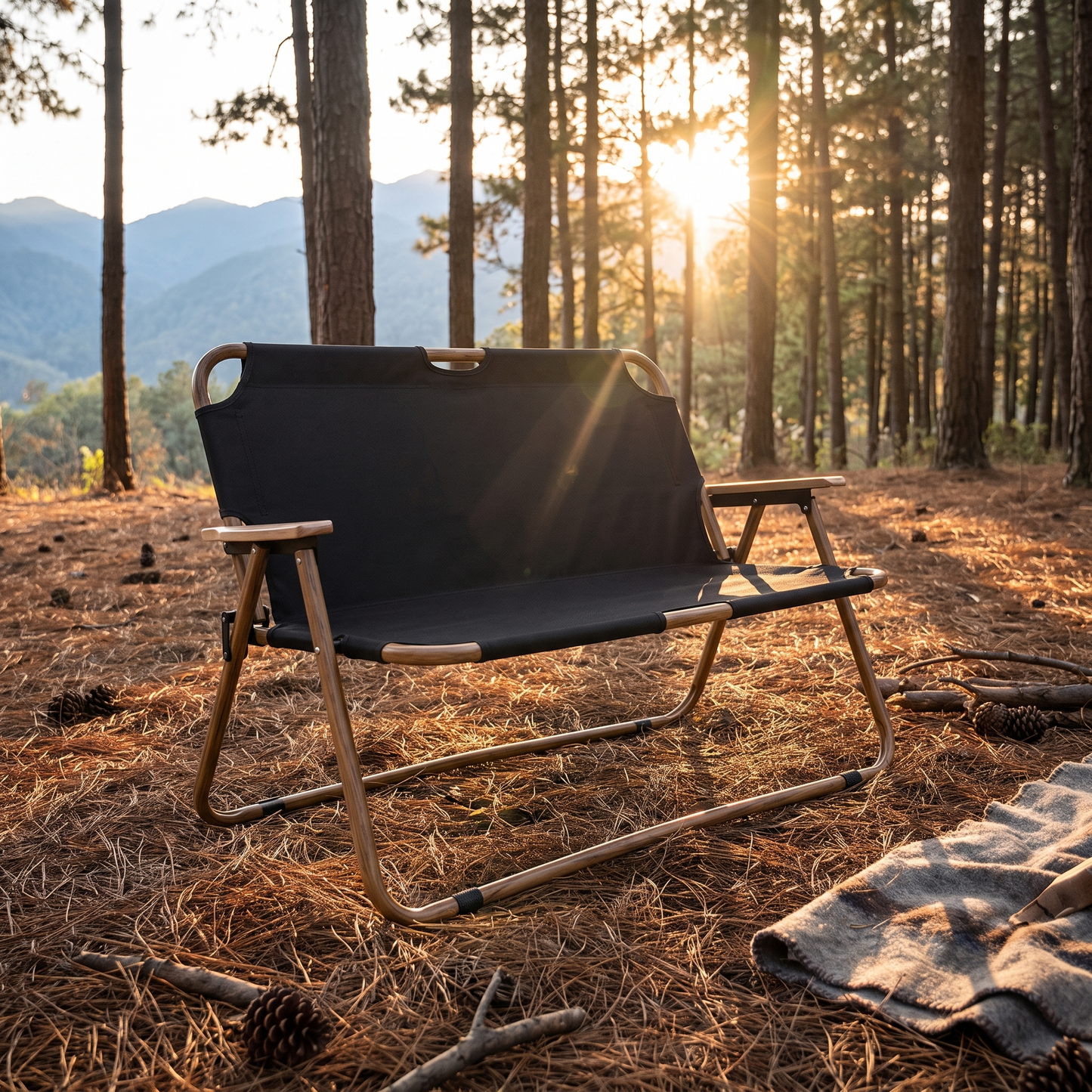 Double camping chair in a pine clearing with sun flare