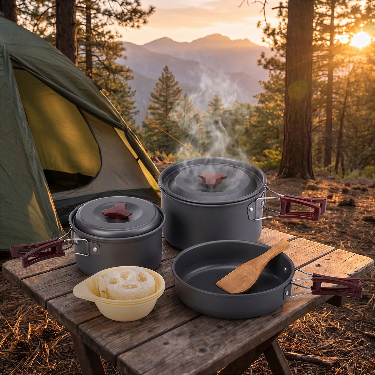 Camping cookware set on a camp table with steam rising