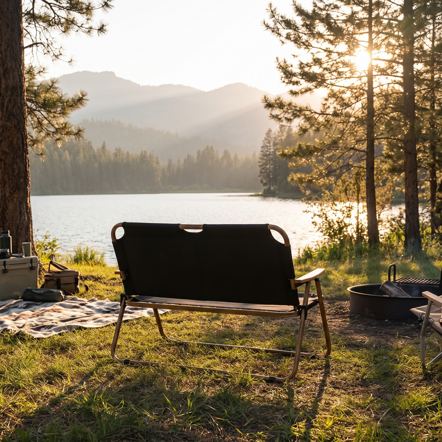 Double camping chair facing a lake at golden hour