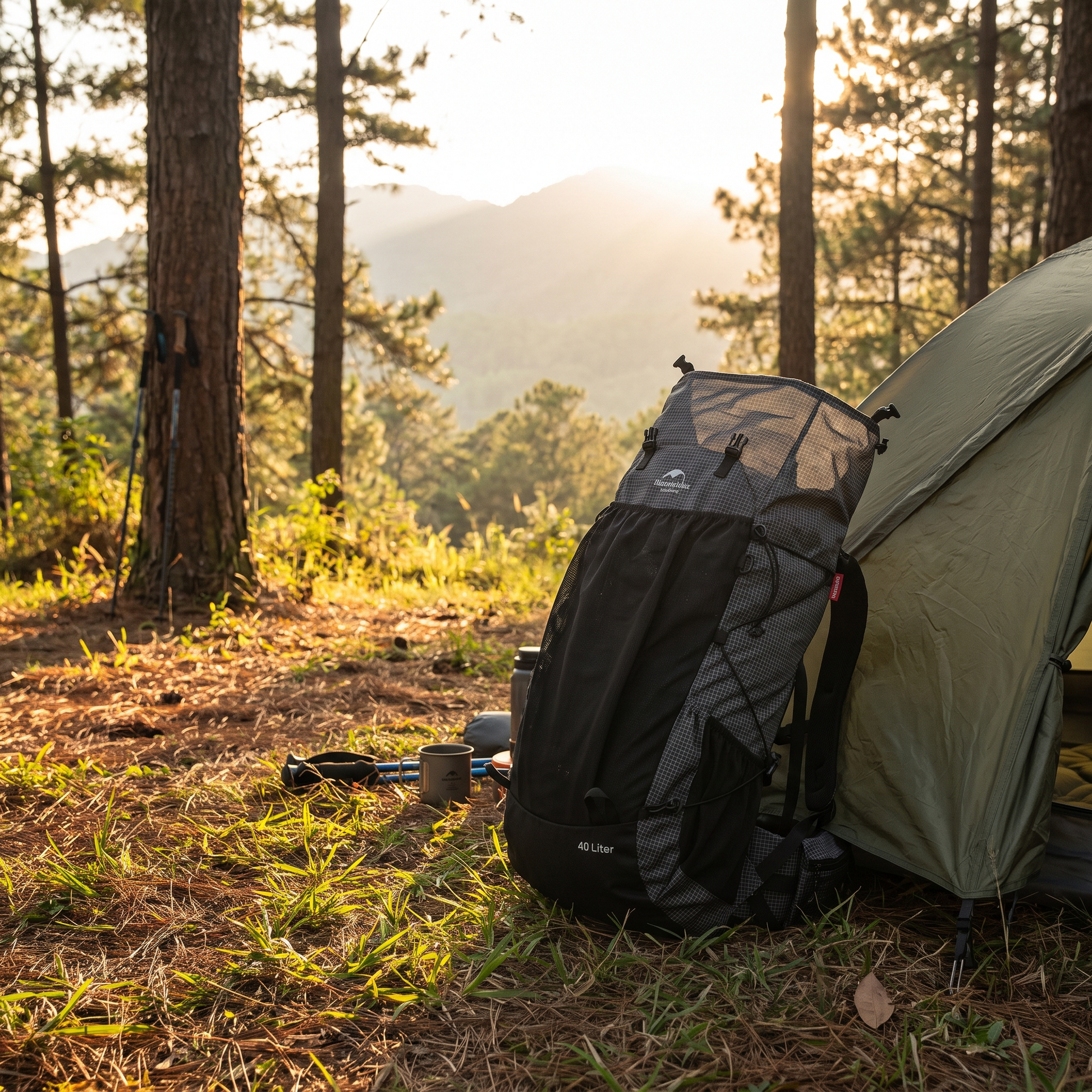 Hiking backpack beside a tent with the top lid open