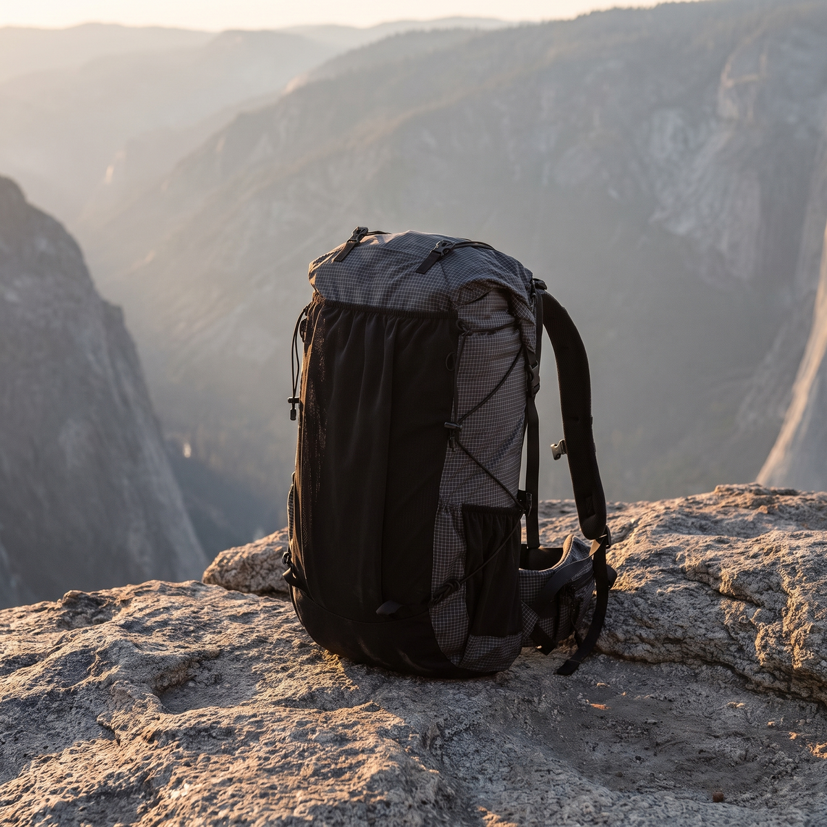 Hiking backpack on a rock ledge overlooking a valley
