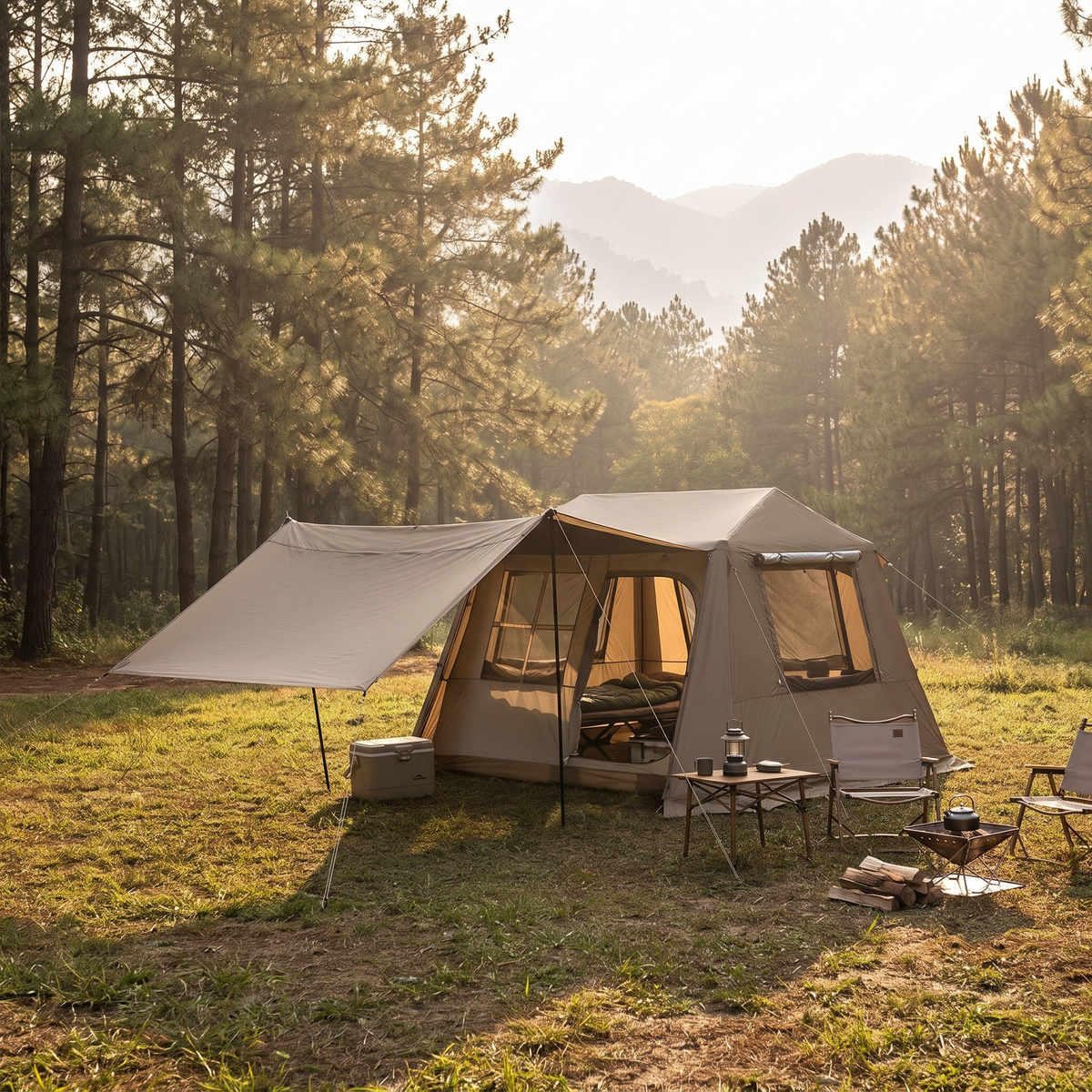 Cabin tent pitched on a grassy campsite clearing