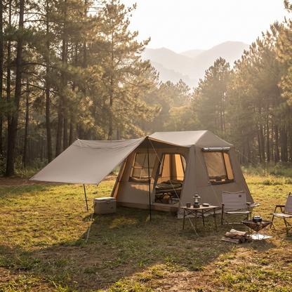 Cabin tent pitched on a grassy campsite clearing