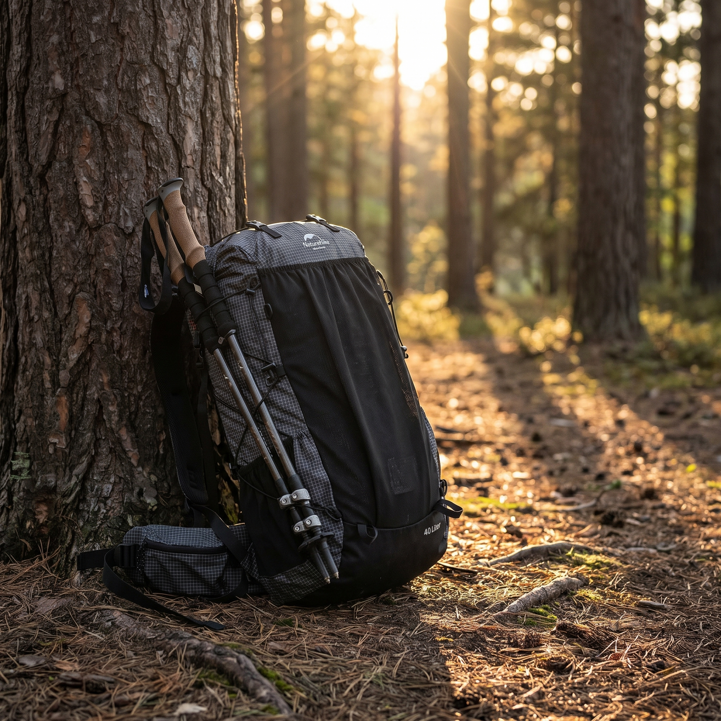 Hiking backpack against a pine trunk with trekking poles