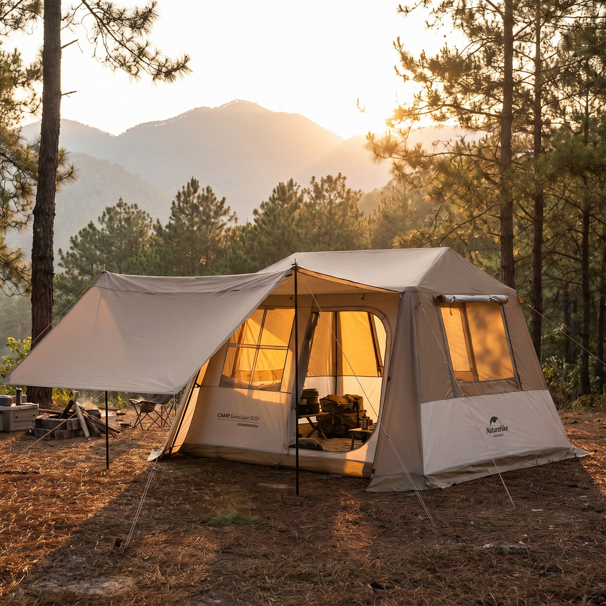 Cabin tent at dusk with warm light spilling from inside
