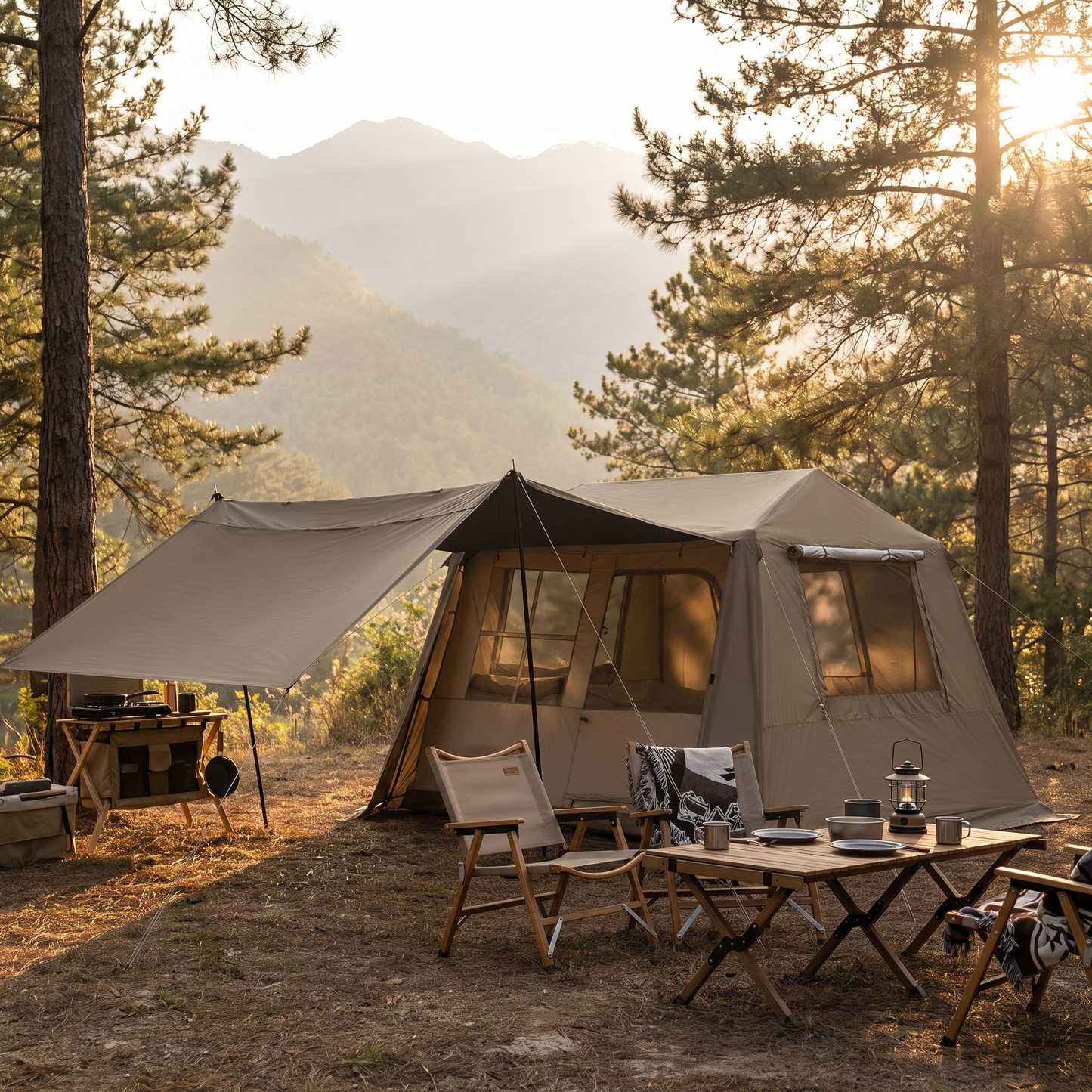 Cabin tent at a family campsite with chairs and a table