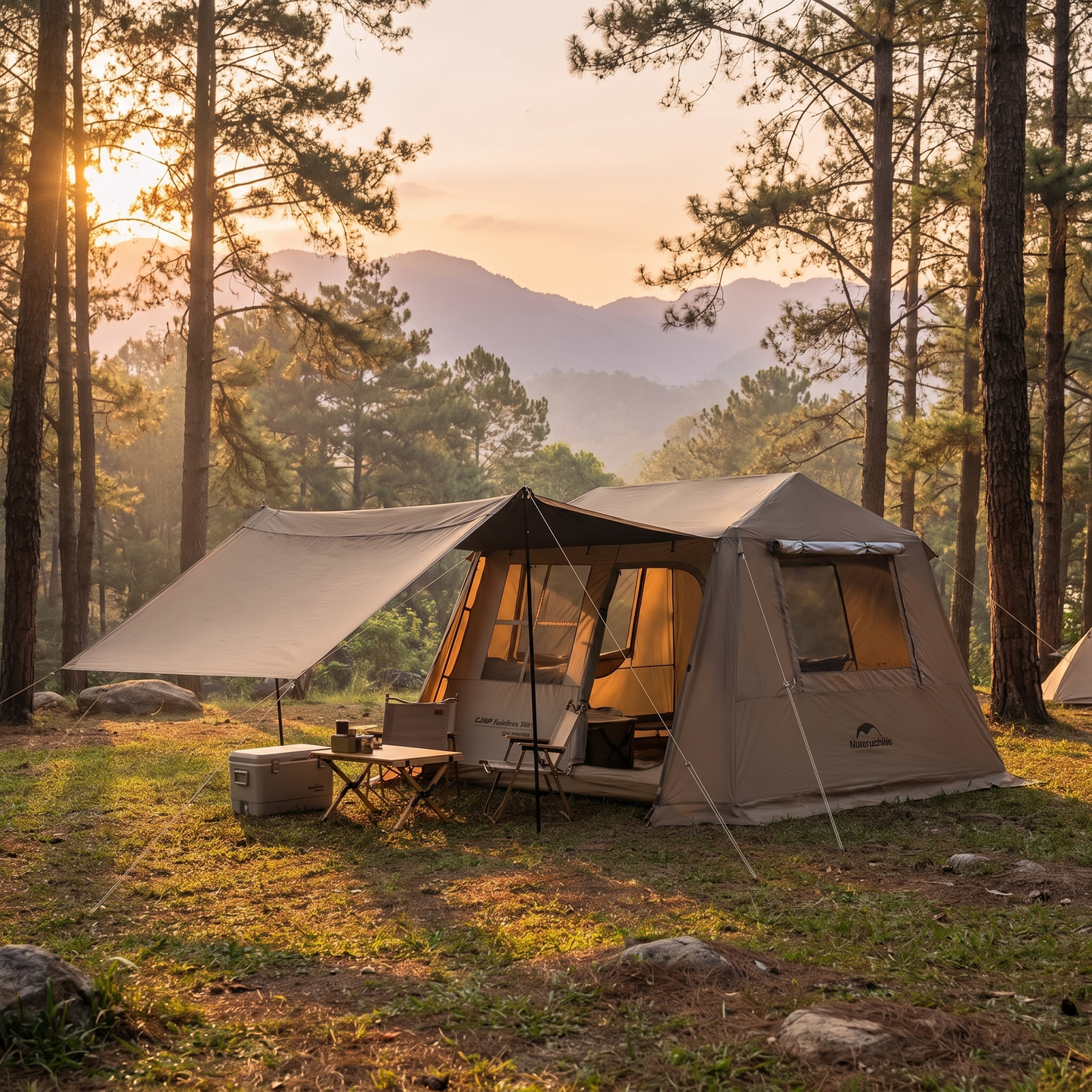 Cabin tent with the canopy extended as a sun shade