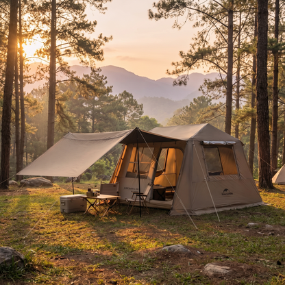 Cabin tent with the canopy extended as a sun shade
