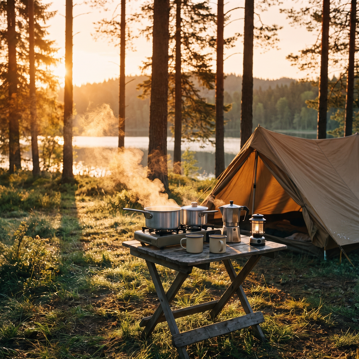 Camp cookware set in morning light