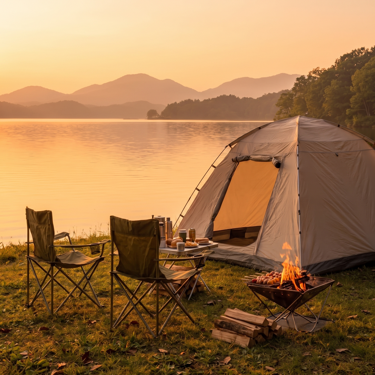 Tent and camp chairs beside a lake at sunset