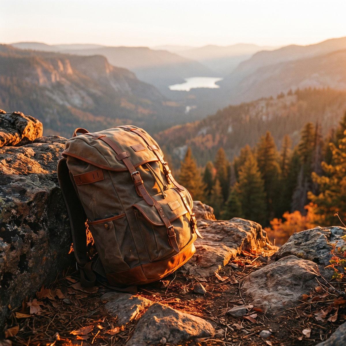 Hiking backpack on a ridge overlooking a valley
