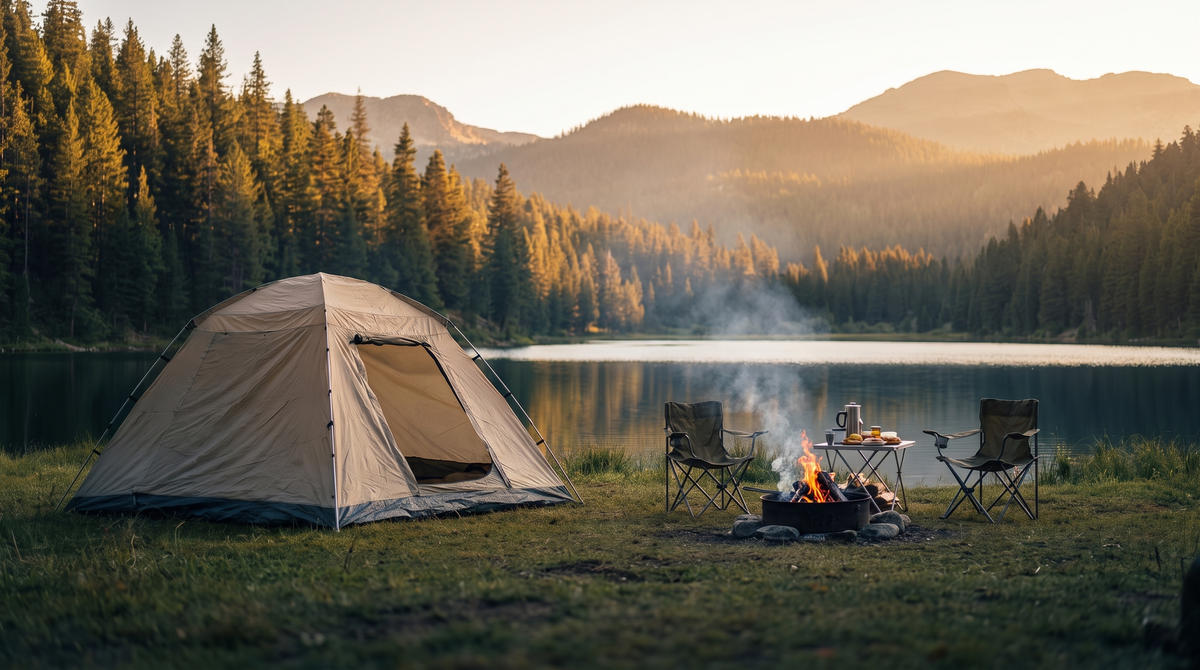 Rovyak lakeside campsite at golden hour