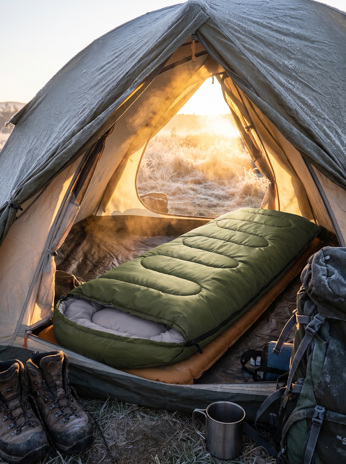 Sleeping bag in a tent on a frosty morning