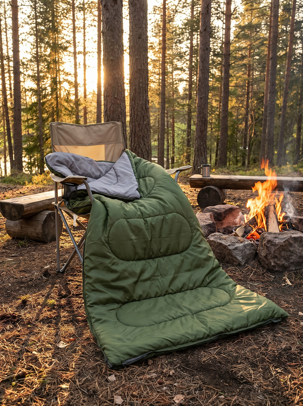 Sleeping bag opened flat over a camp chair