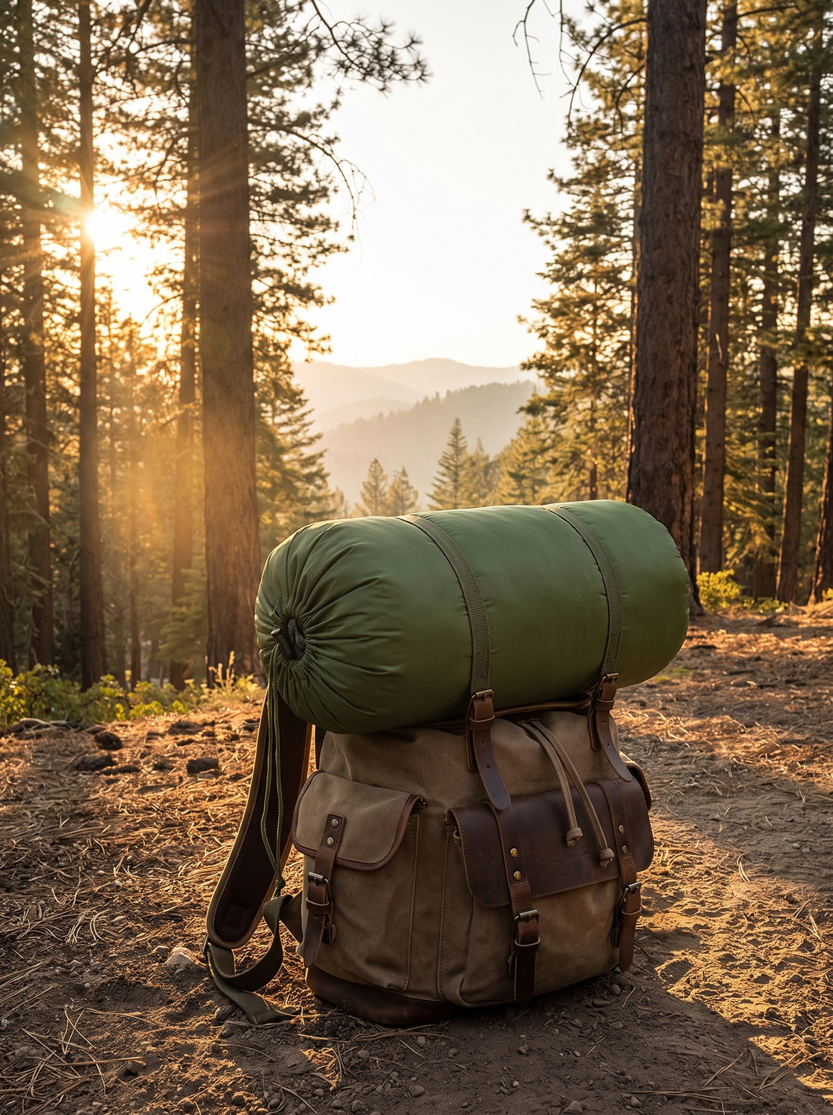 Sleeping bag strapped to a hiking pack on a trail
