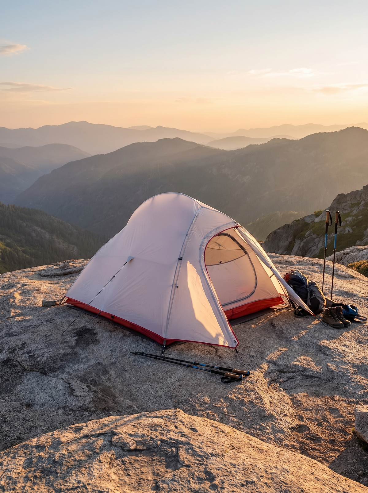 Backpacking tent freestanding on a rock slab