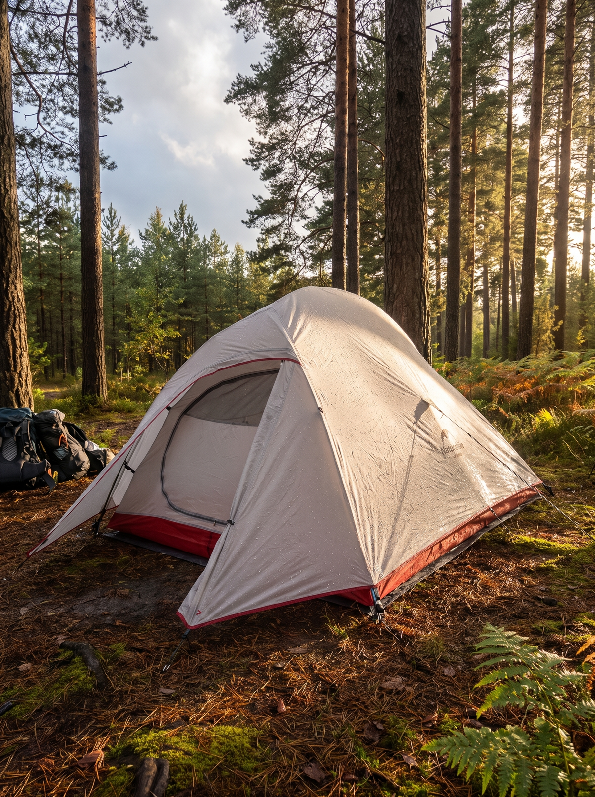 Backpacking tent beaded with rain after a shower