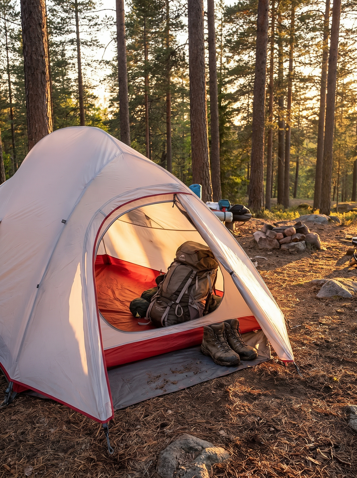 Backpacking tent vestibule with boots and a pack