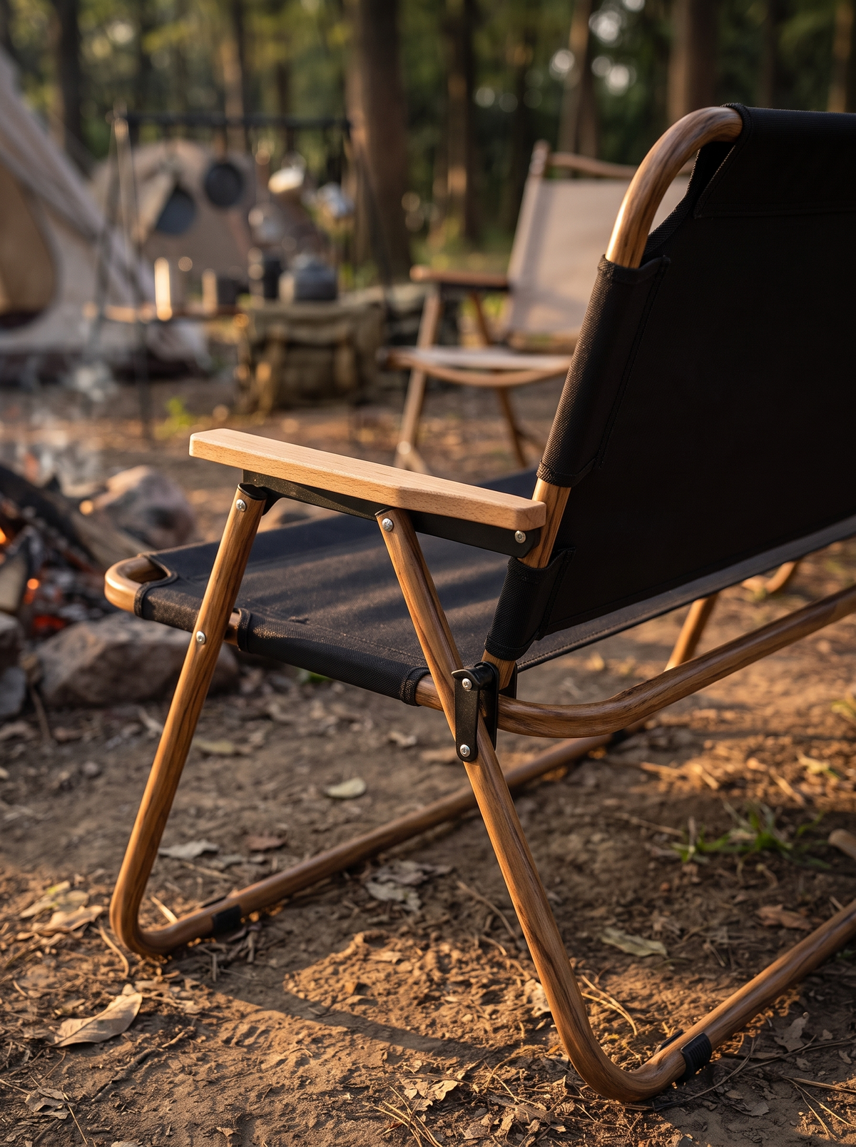 Close view of the camping chair frame and fabric