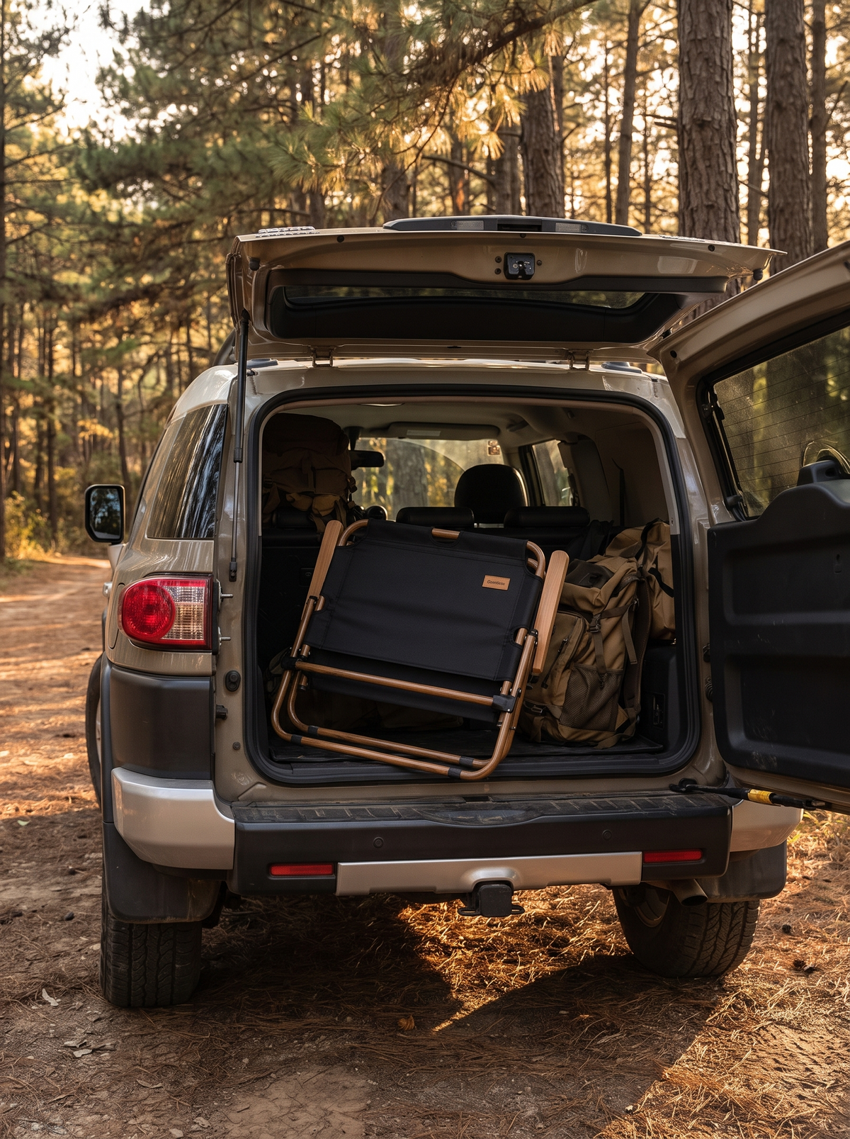 Camping chair folded flat and loaded into a vehicle