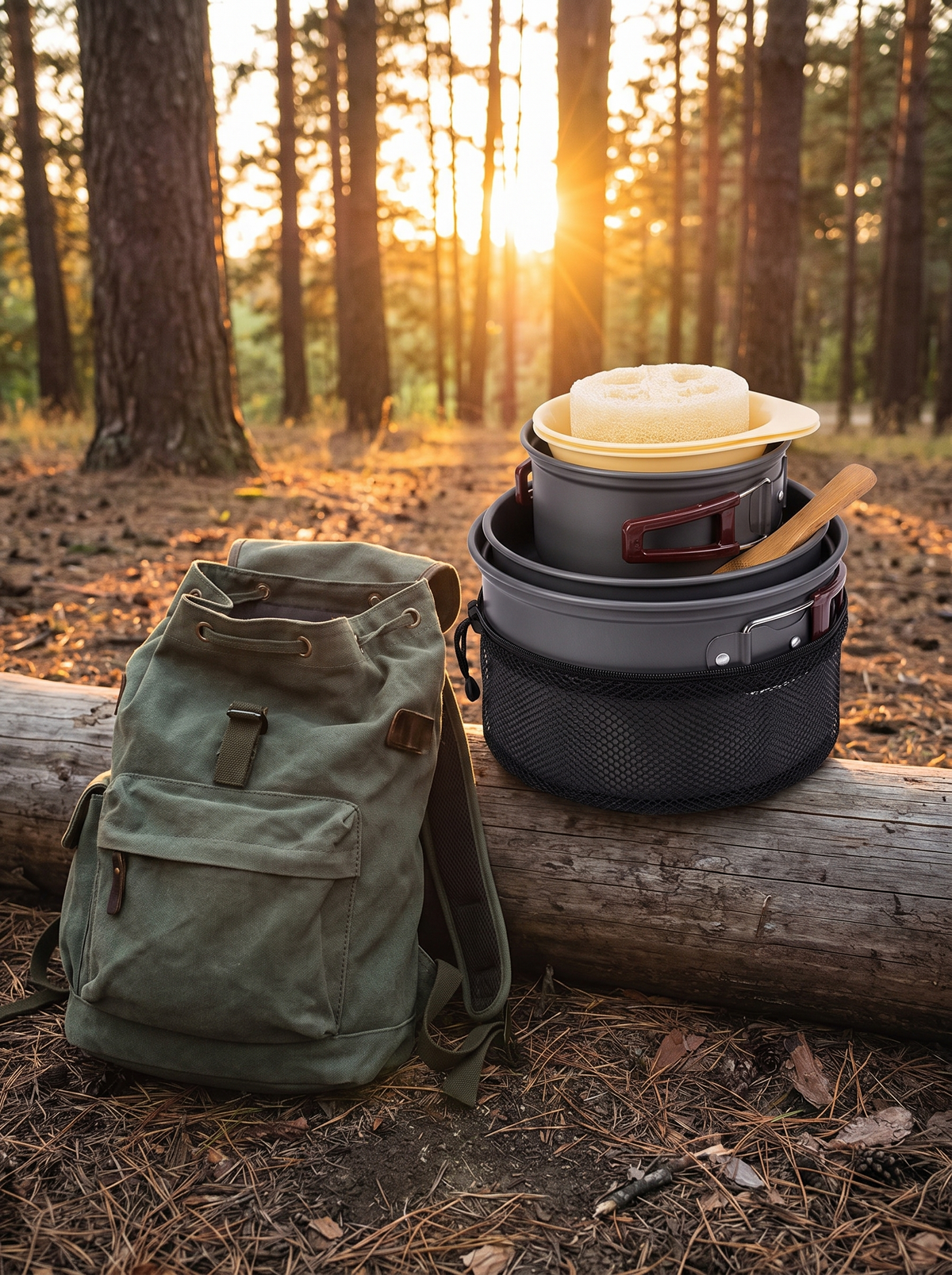 Cookware set nested into one package on a log