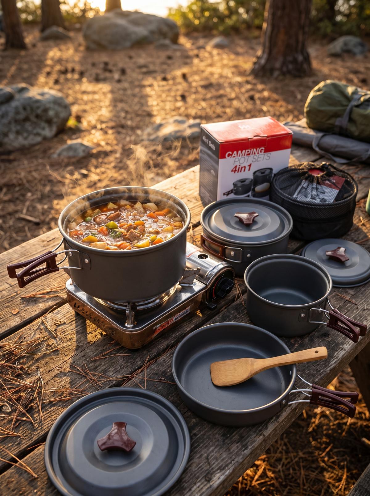 Camping pot simmering on a camp stove