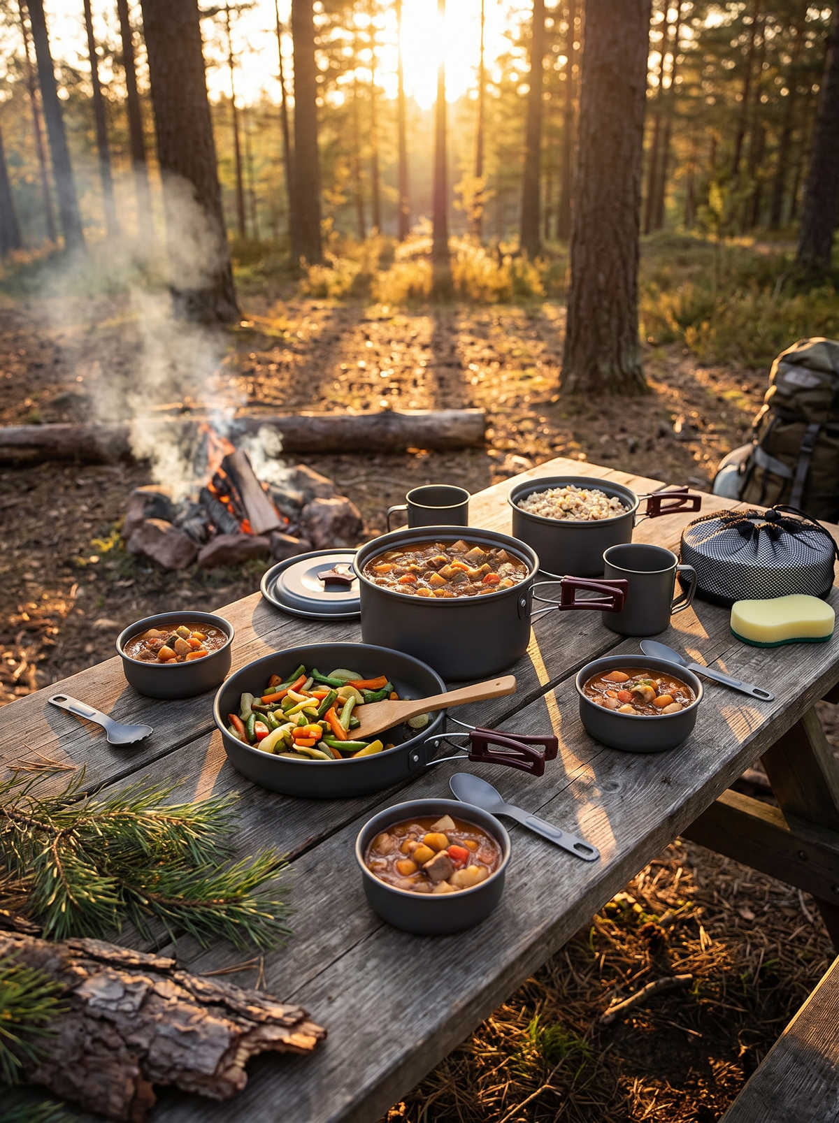 Cookware set serving a meal for three at camp
