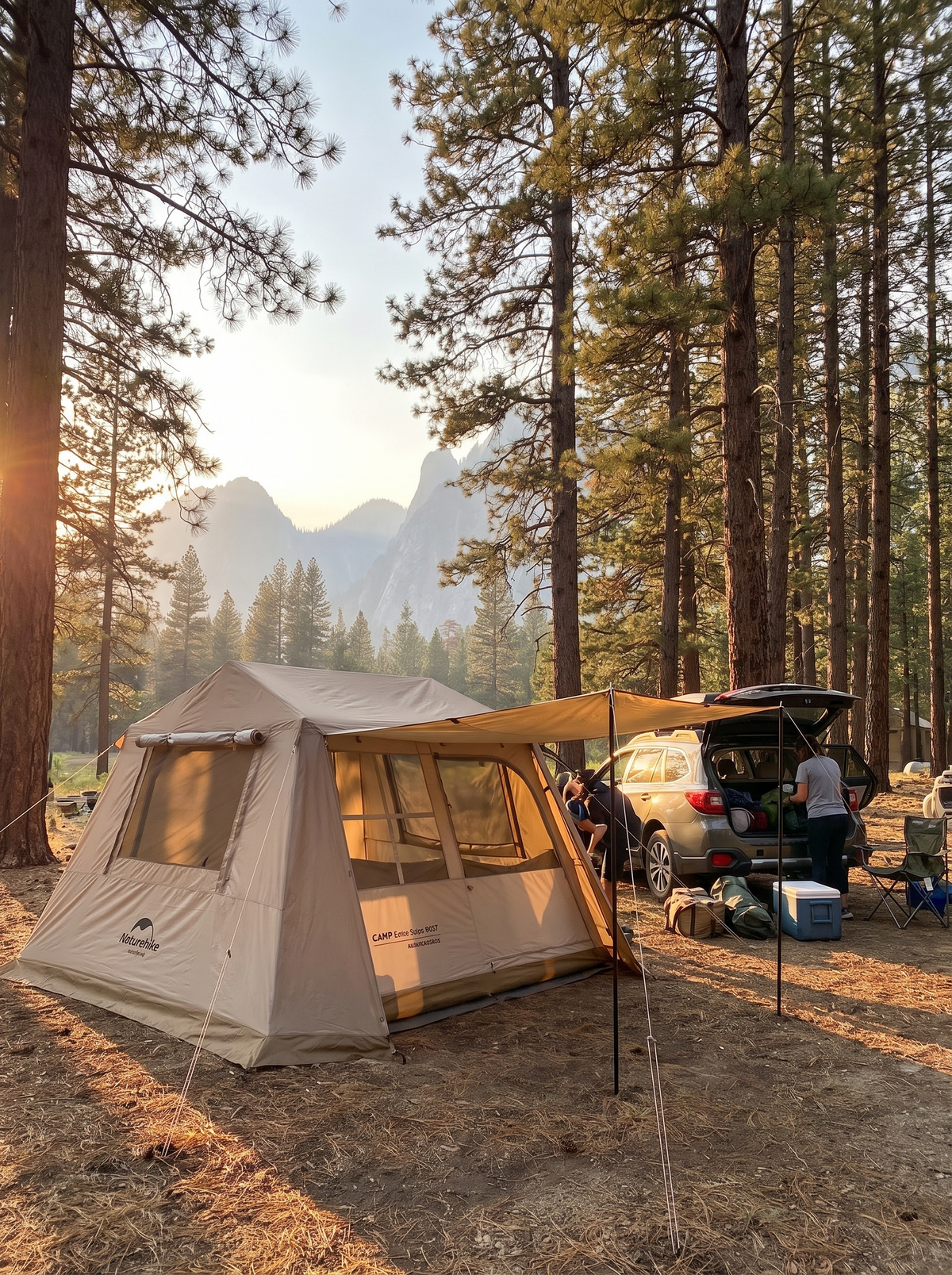 Cabin tent freshly pitched beside a parked car