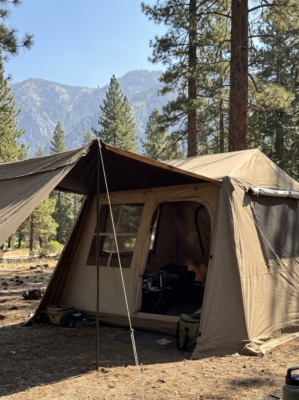 Cabin tent in bright sun showing the blackout fly