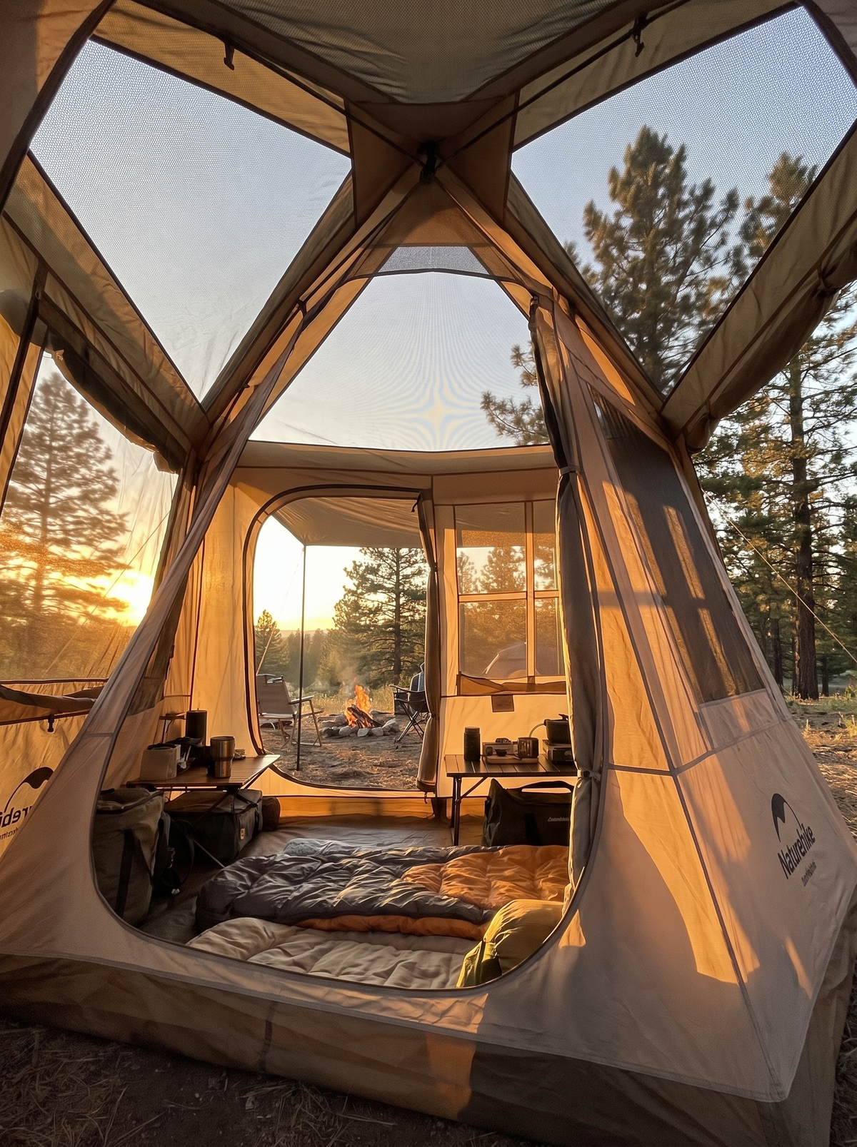 Cabin tent interior with mesh ceiling and windows